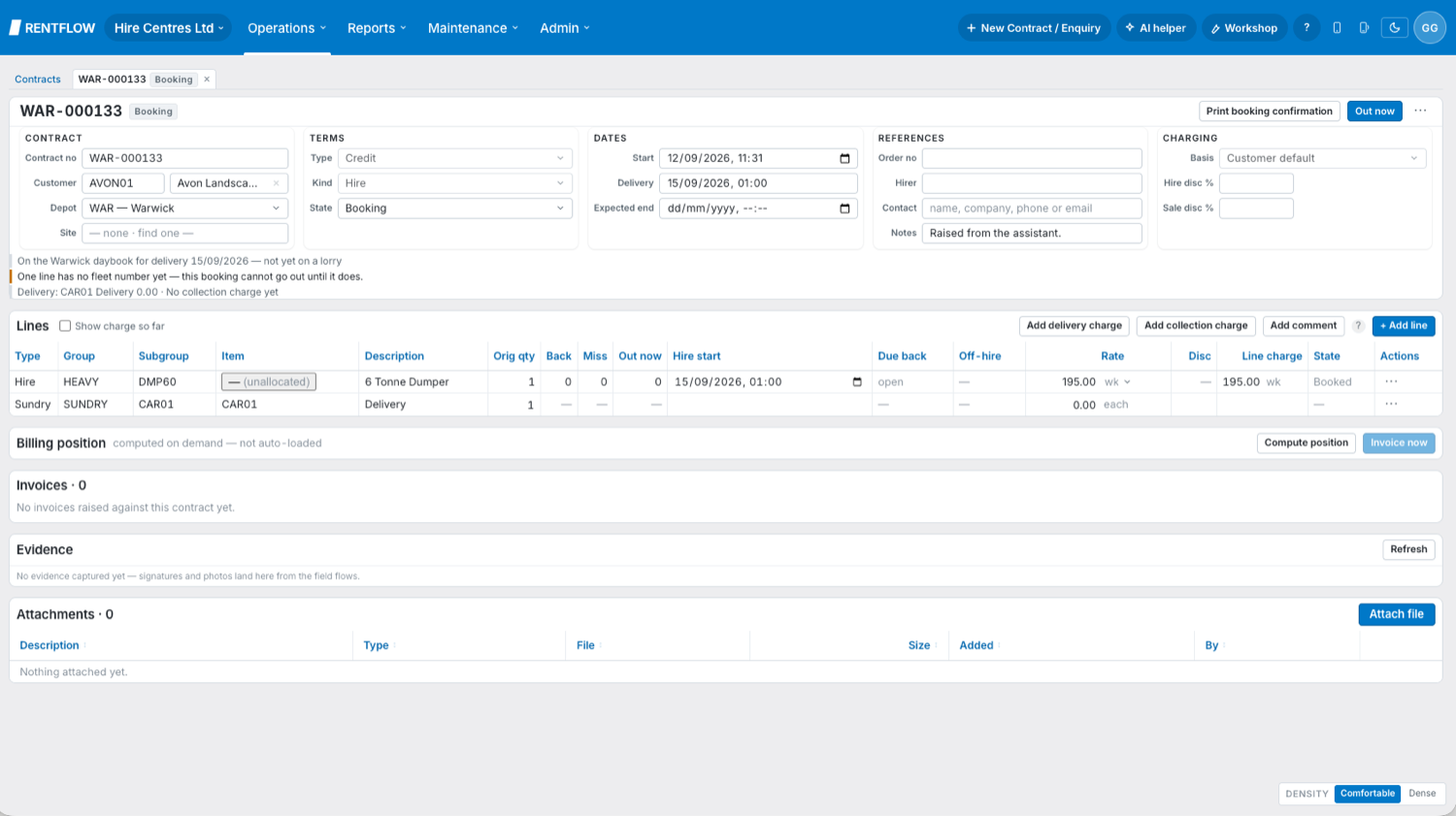 The hire contract it raised, with lines, rates and a warning that a fleet number is missing