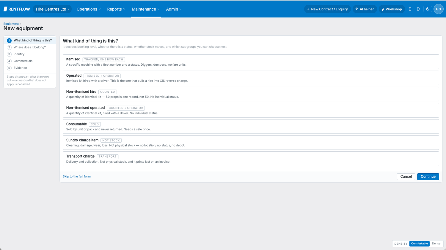 Adding new equipment, choosing between itemised, operated, non-itemised and charge items